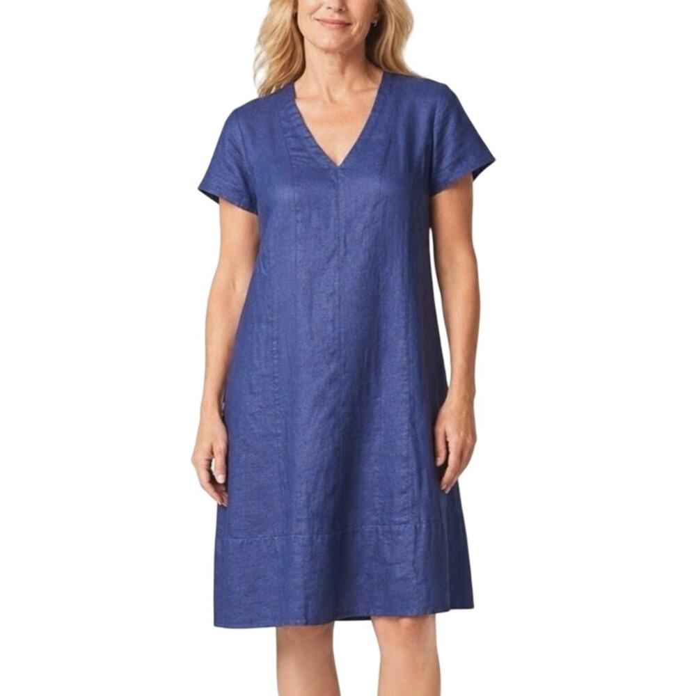 J.Jill Love Linen Blue 100% Linen V-Neck Shift Dress Size Small
